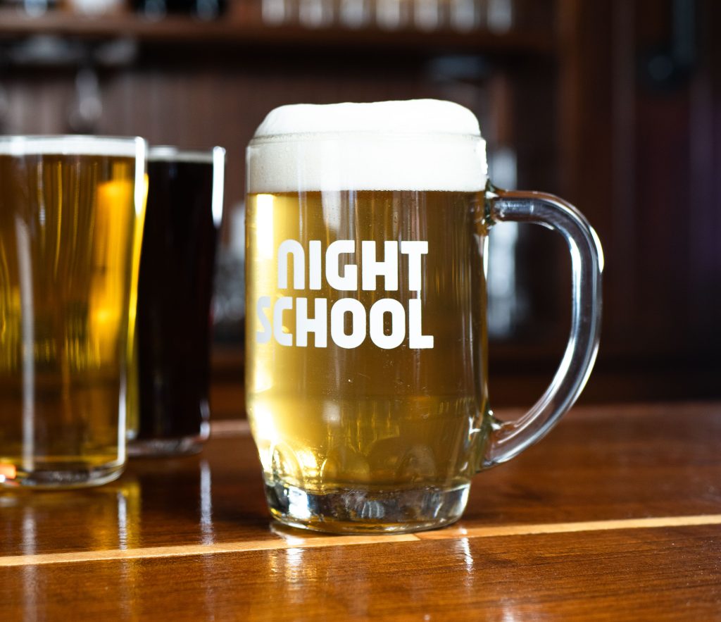 Night School labeled frothy beer mug